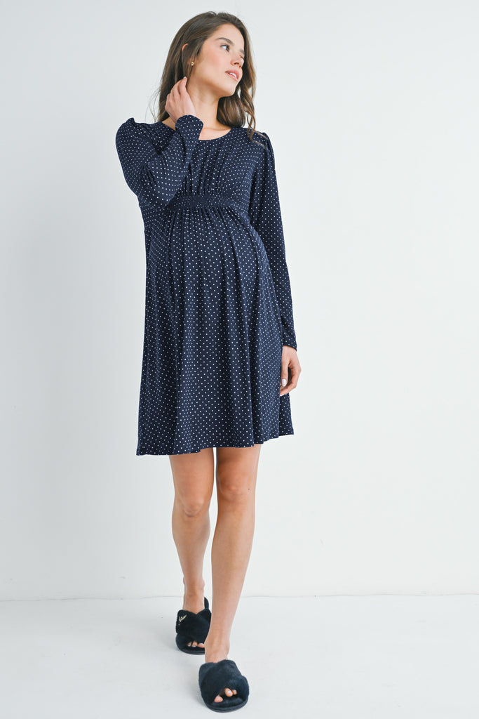 Navy Polka Dot Shirred Waist Long Sleeve Maternity Dress Full Body