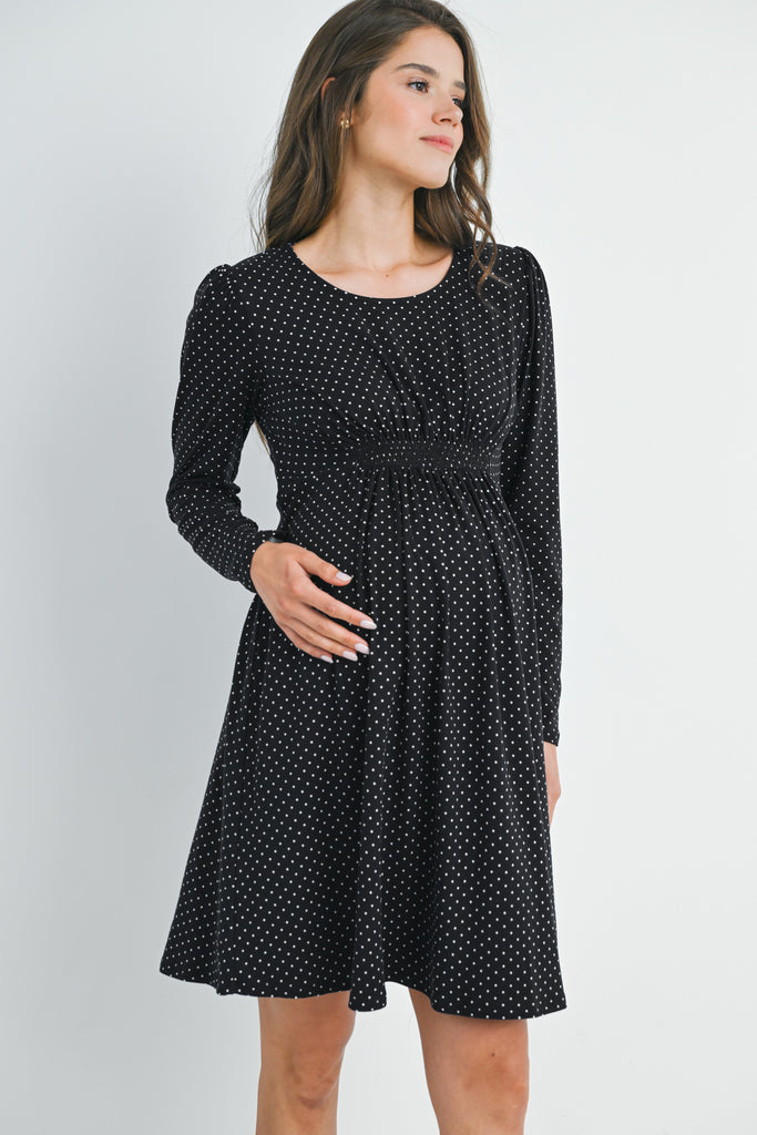 Black Polka Dot Shirred Waist Long Sleeve Maternity Dress Front View