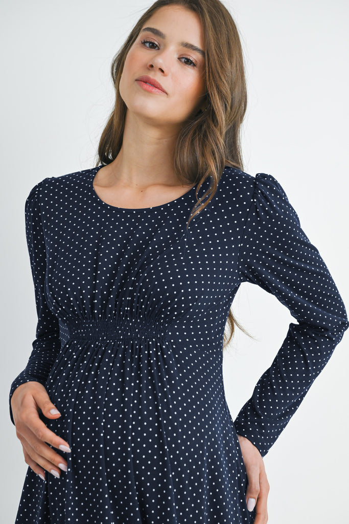 Navy Polka Dot Shirred Waist Long Sleeve Maternity Dress Close Up