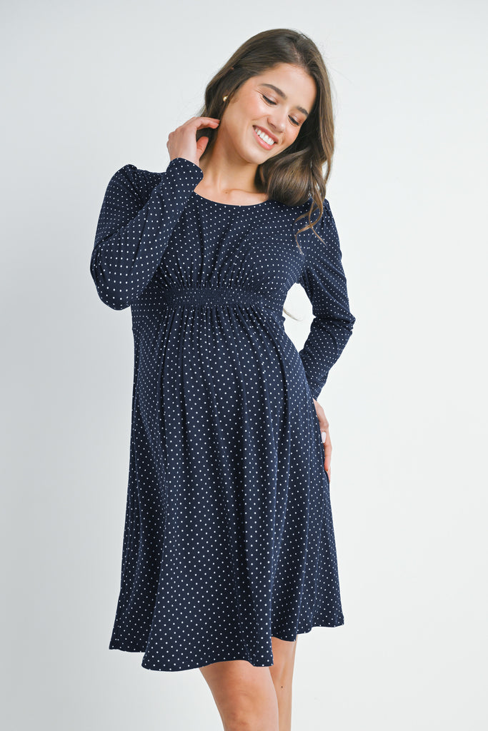 Navy Polka Dot Shirred Waist Long Sleeve Maternity Dress Front