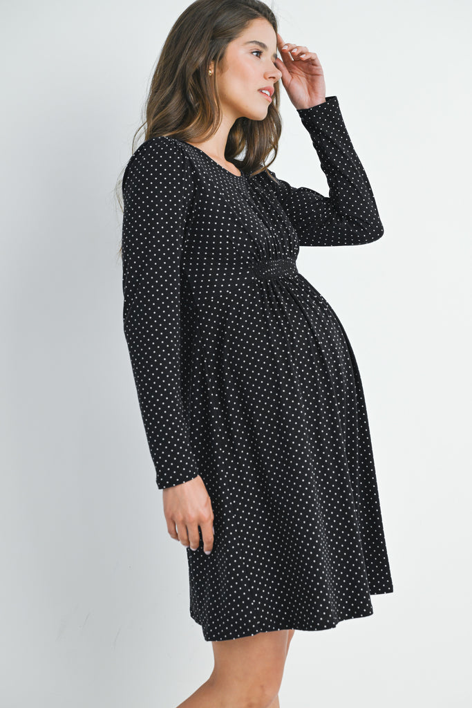 Black Polka Dot Shirred Waist Long Sleeve Maternity Dress Side View