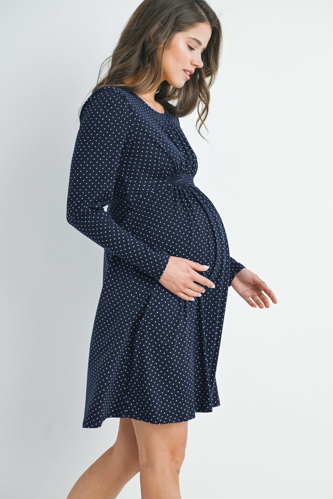 Navy Polka Dot Shirred Waist Long Sleeve Maternity Dress Side View