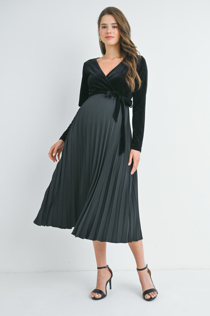 Black V Neck Wrap Pleated Maternity Dress Front View