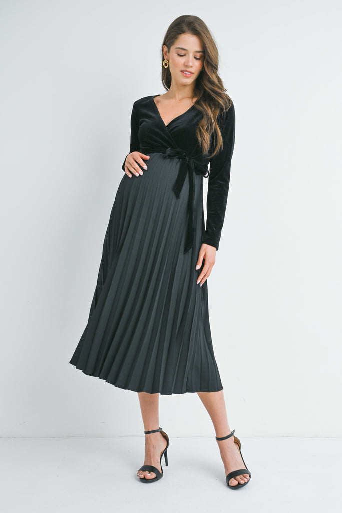 Black V Neck Wrap Pleated Maternity Dress Front View