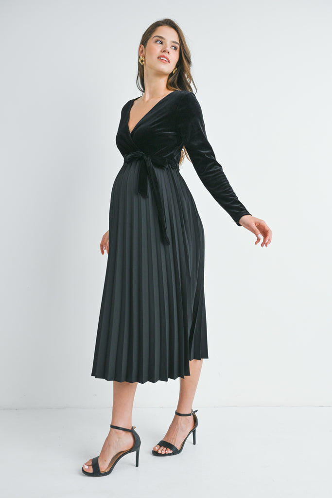 Black V Neck Wrap Pleated Maternity Dress Side View