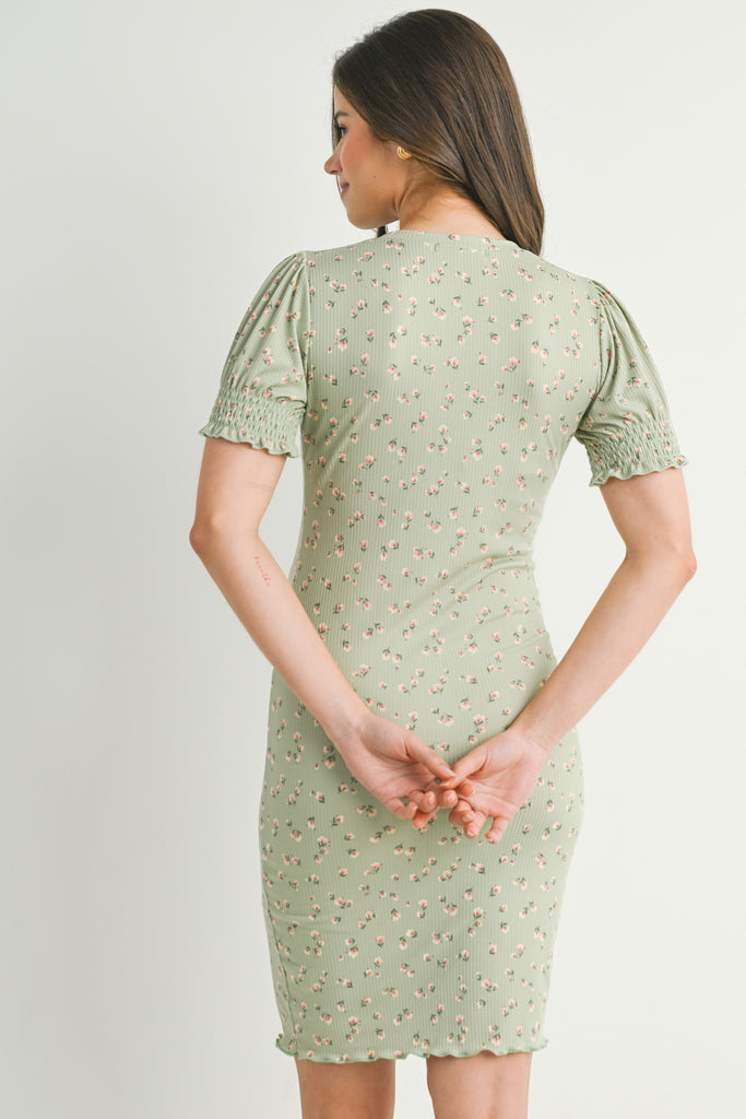 Sage Floral Puff Sleeve Maternity Dress Back View