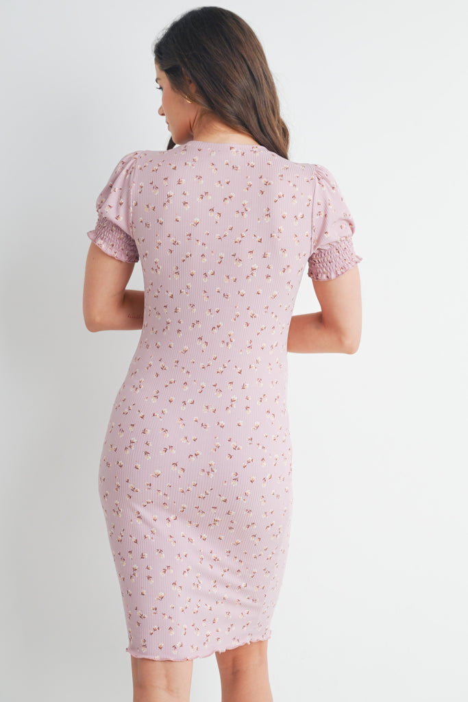 Mauve Floral Puff Sleeve Maternity Dress Back View