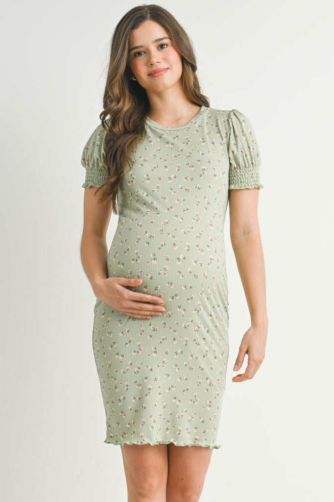 Sage Floral Puff Sleeve Maternity Dress Front View