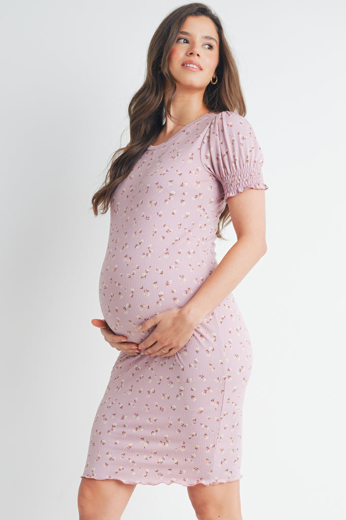 Mauve Floral Puff Sleeve Maternity Dress Side View