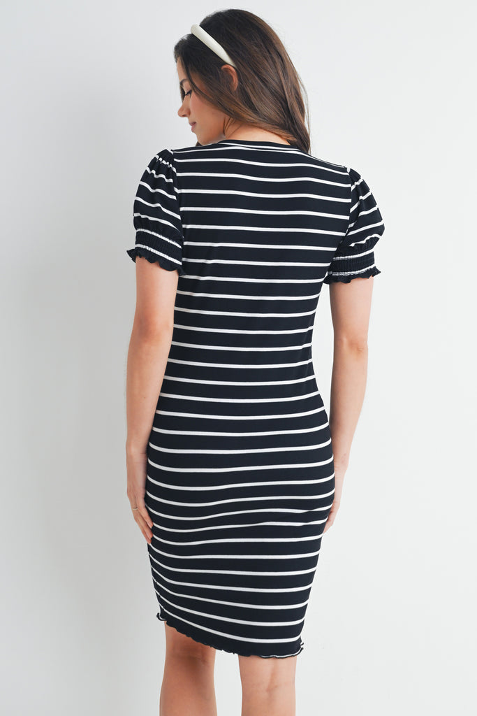 Black Fitted Stripped Puff Sleeve Maternity Dress Back View