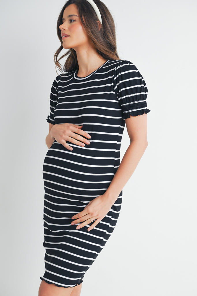 Black Fitted Stripped Puff Sleeve Maternity Dress Side View