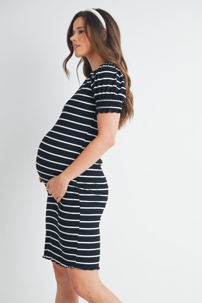 Black Fitted Stripped Puff Sleeve Maternity Dress Side View