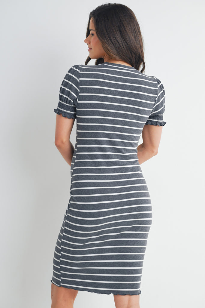 Charcoal Fitted Stripped Puff Sleeve Maternity Dress Back View