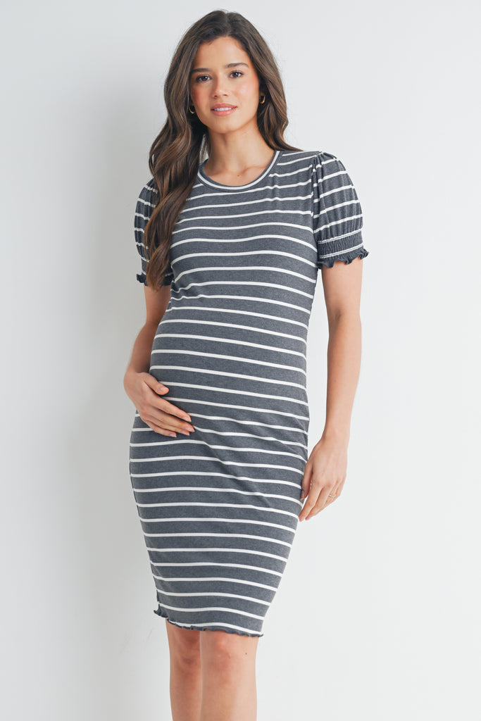 Charcoal Fitted Stripped Puff Sleeve Maternity Dress Front View