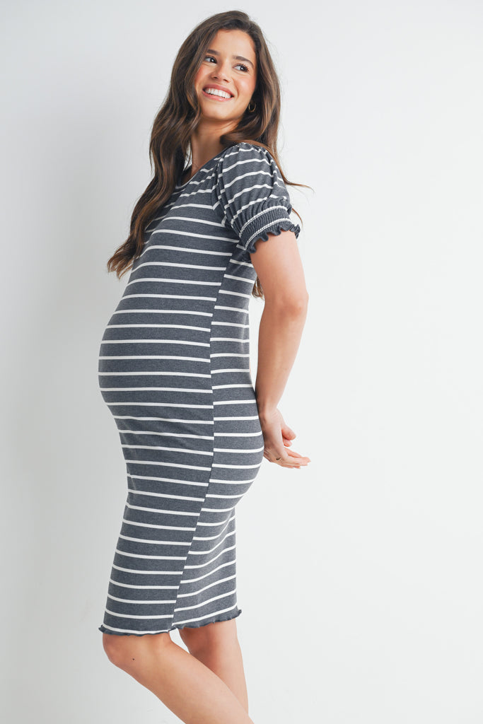 Charcoal Fitted Stripped Puff Sleeve Maternity Dress Side View