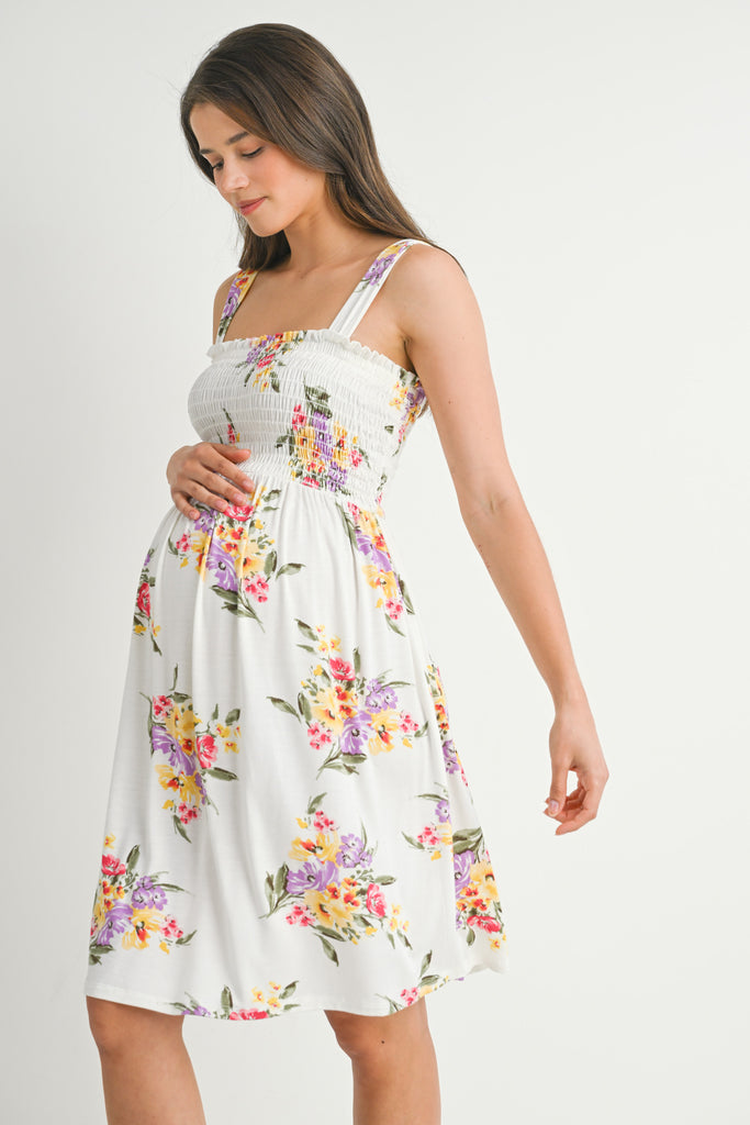 Ivory Floral Smocked Maternity Dress Side View