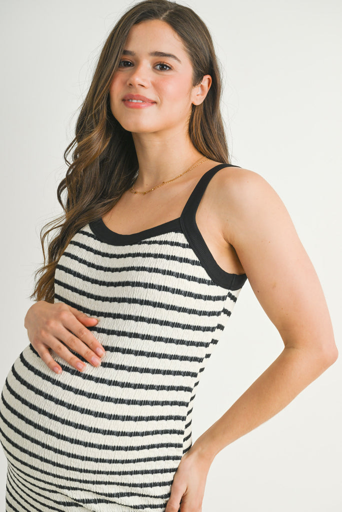 Cream/Black Striped Sleeveless Maternity Dress Close Up