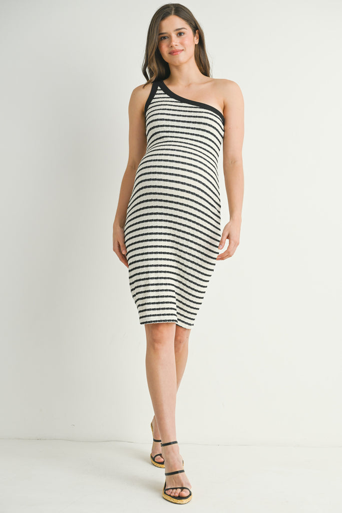 Cream Black One Shoulder Fitted Striped Maternity Full Body