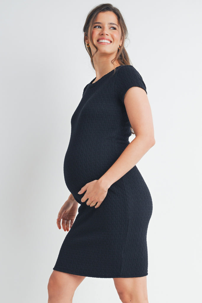 Black Textured Round Neck Short Sleeve Maternity Dress Side View