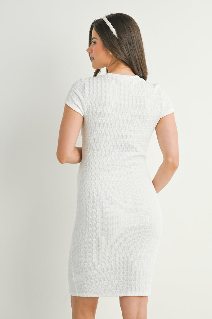 Off White Textured Round Neck Short Sleeve Maternity Dress Back View