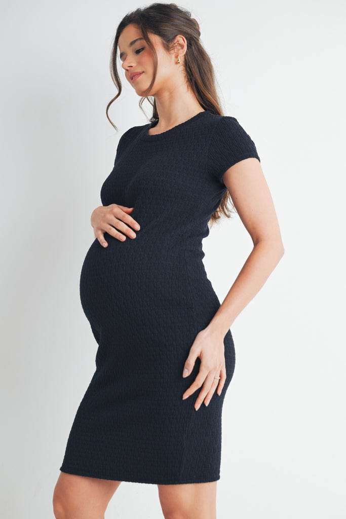 Black Textured Round Neck Short Sleeve Maternity Dress Side View