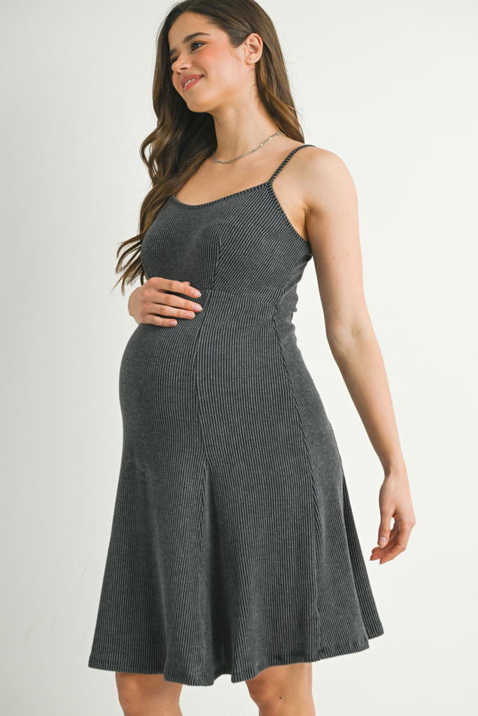 Charcoal Ribbed Square Neck Sleeveless Maternity Dress Side View