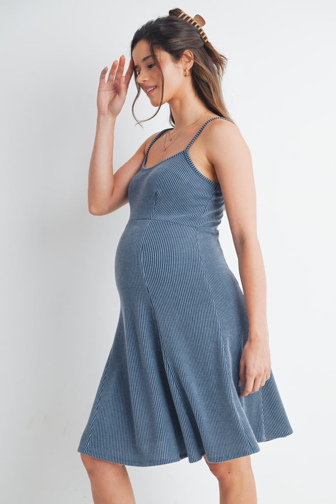 Denim Ribbed Square Neck Sleeveless Maternity Dress Side View