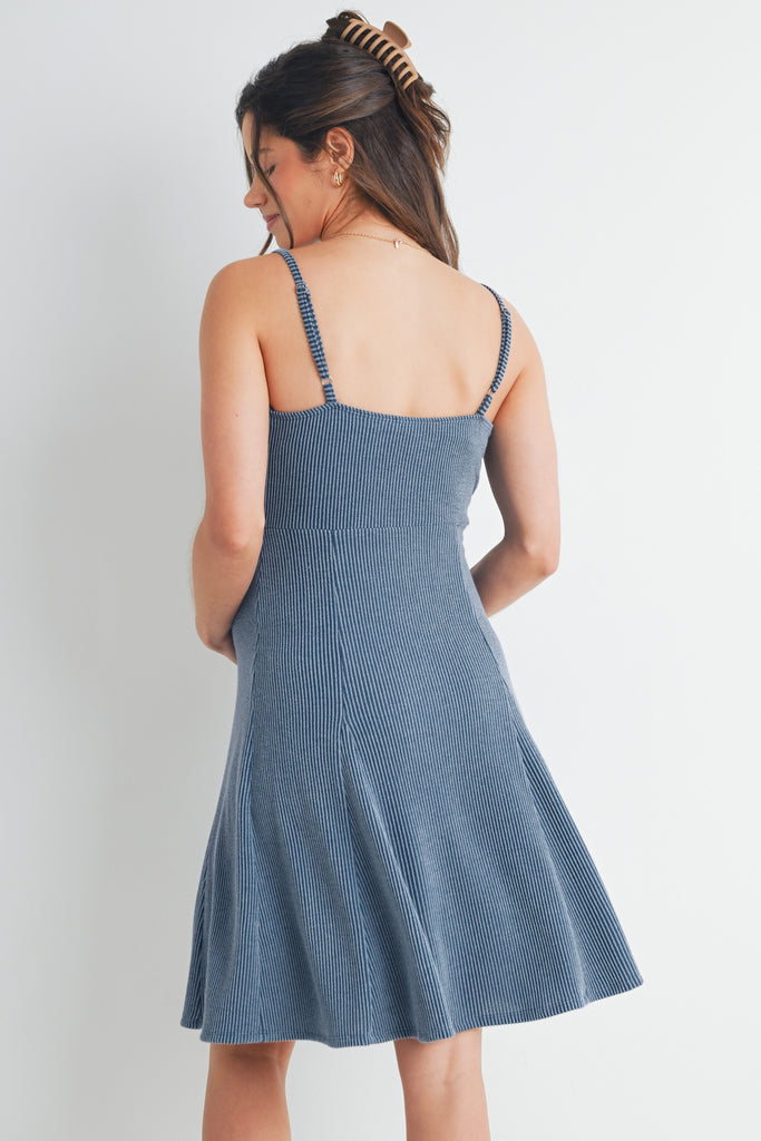 Denim Ribbed Square Neck Sleeveless Maternity Dress Back View