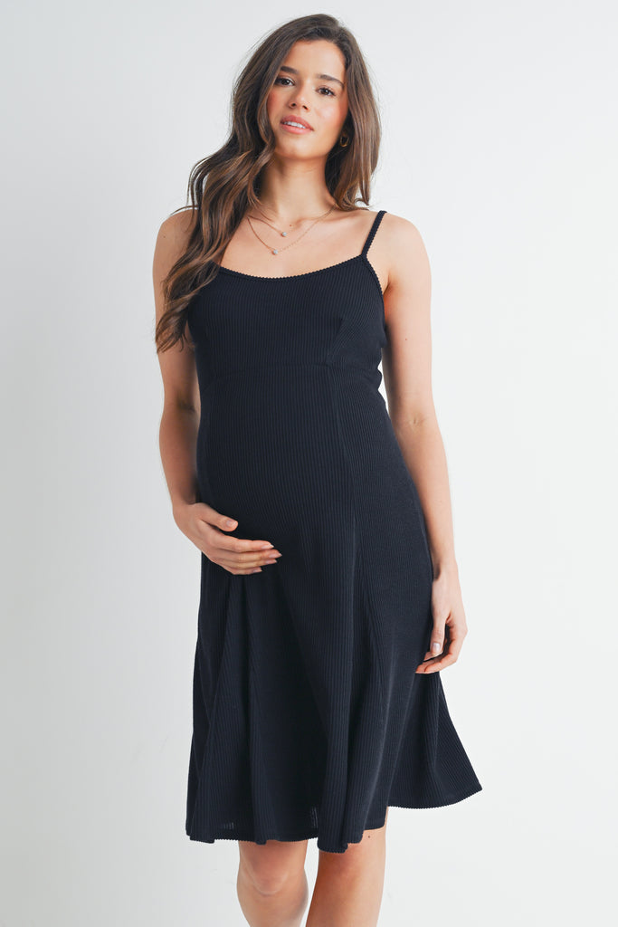 Black Ribbed Square Neck Sleeveless Maternity Dress Front View