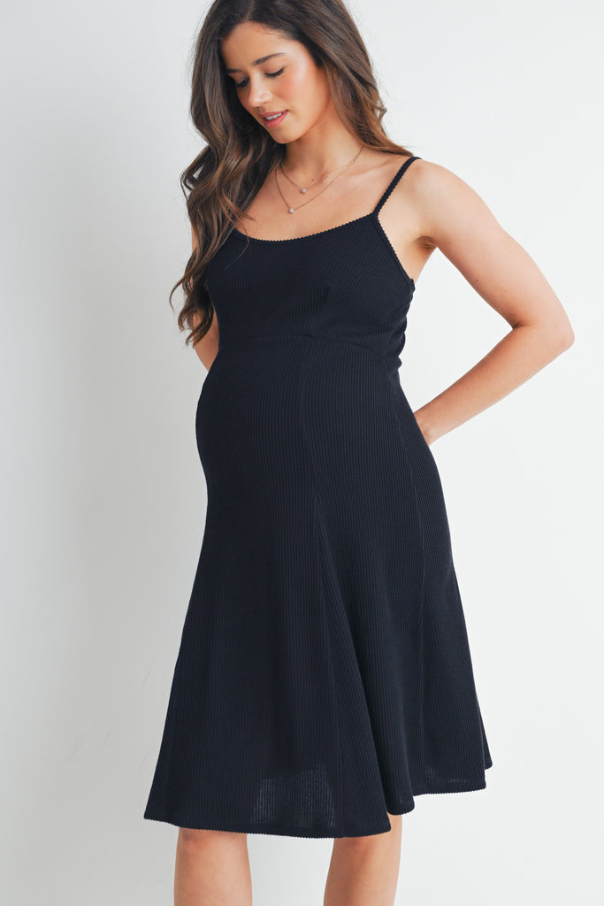 Black Ribbed Square Neck Sleeveless Maternity Dress Side View