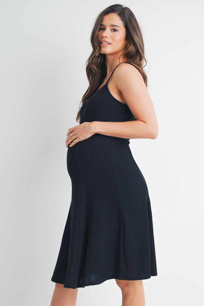 Black Ribbed Square Neck Sleeveless Maternity Dress Side View