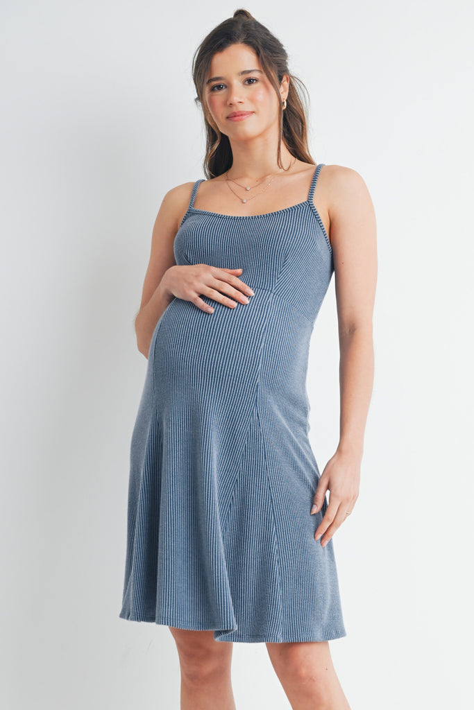 Denim Ribbed Square Neck Sleeveless Maternity Dress Front View