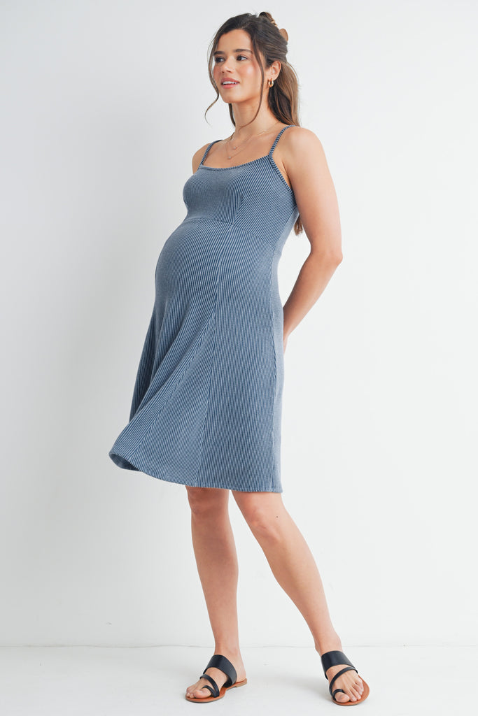 Denim Ribbed Square Neck Sleeveless Maternity Dress Full Body