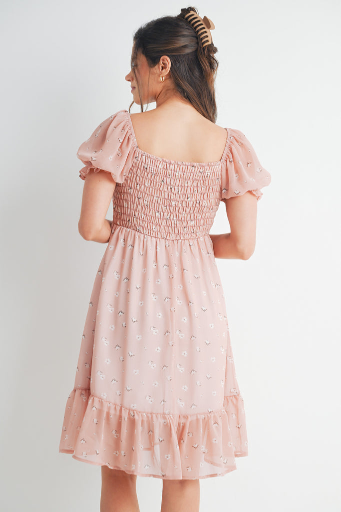 Blush Ruffle Floral Smocked Puff Sleeve Maternity Dress Back View