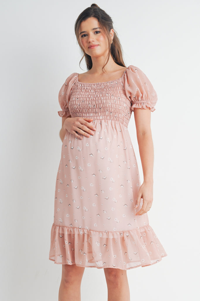 Blush Ruffle Floral Smocked Puff Sleeve Maternity Dress Front View