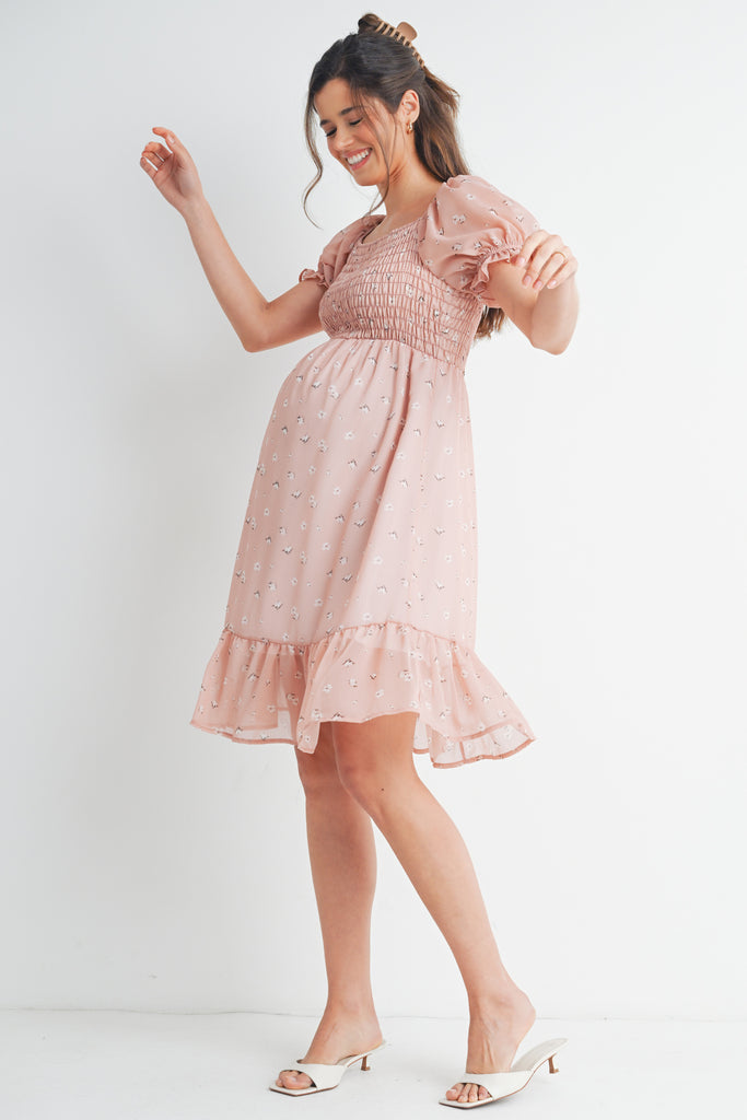 Blush Ruffle Floral Smocked Puff Sleeve Maternity Dress Full Body