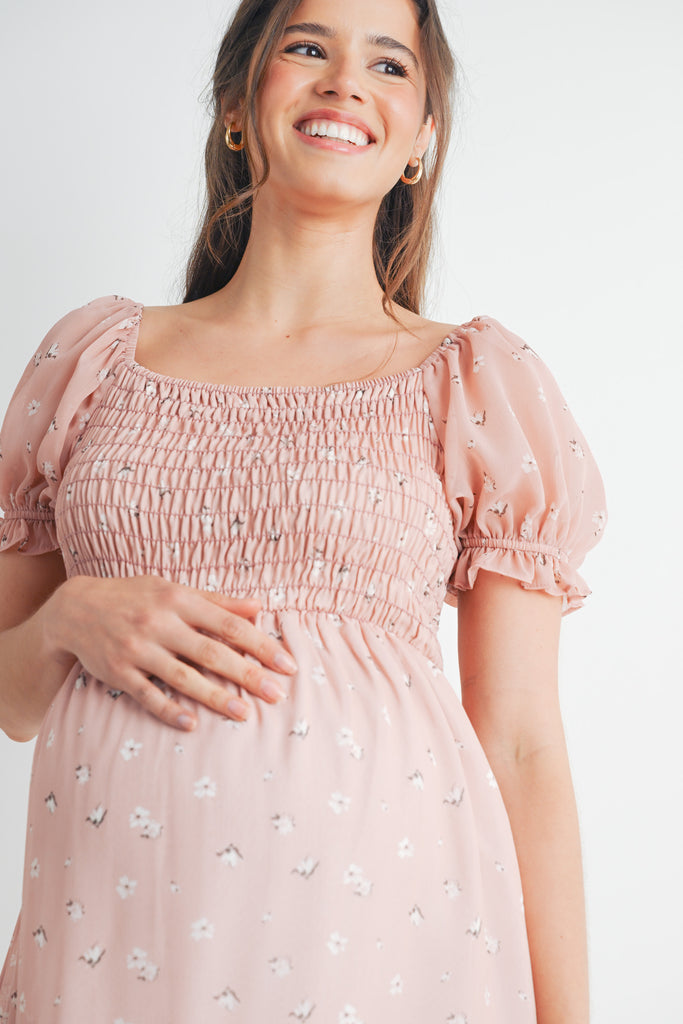 Blush Ruffle Floral Smocked Puff Sleeve Maternity Dress Smocked Close Up Detail