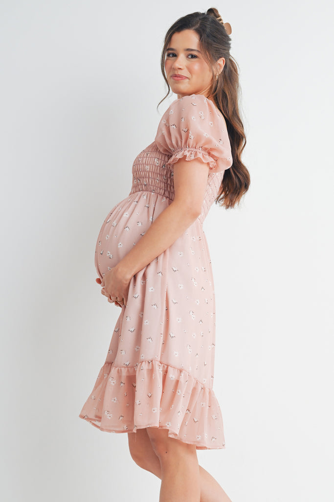 Blush Ruffle Floral Smocked Puff Sleeve Maternity Dress Side View