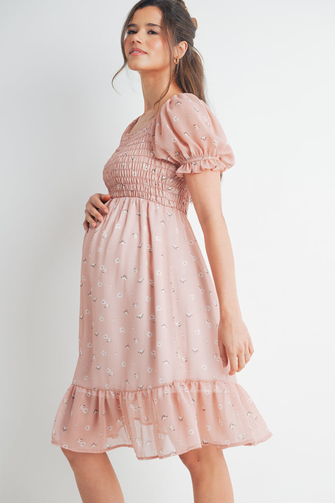 Blush Ruffle Floral Smocked Puff Sleeve Maternity Dress Side View