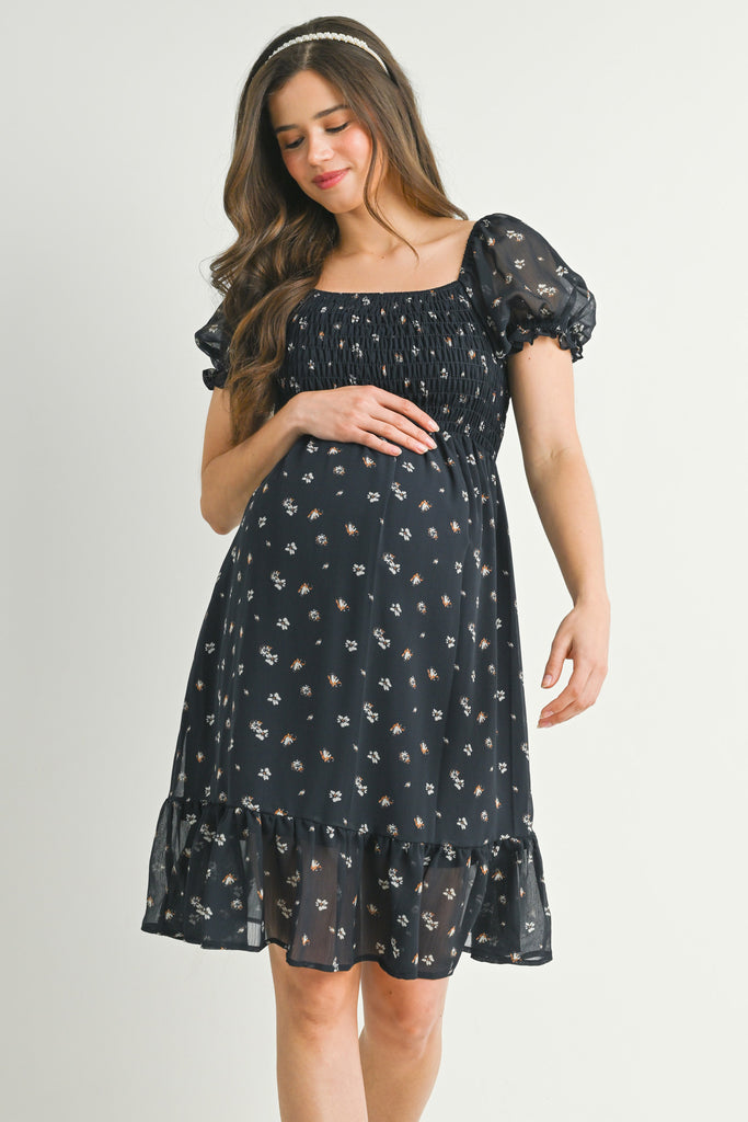 Dark Navy Ruffle Floral Smocked Puff Sleeve Maternity Dress Front View