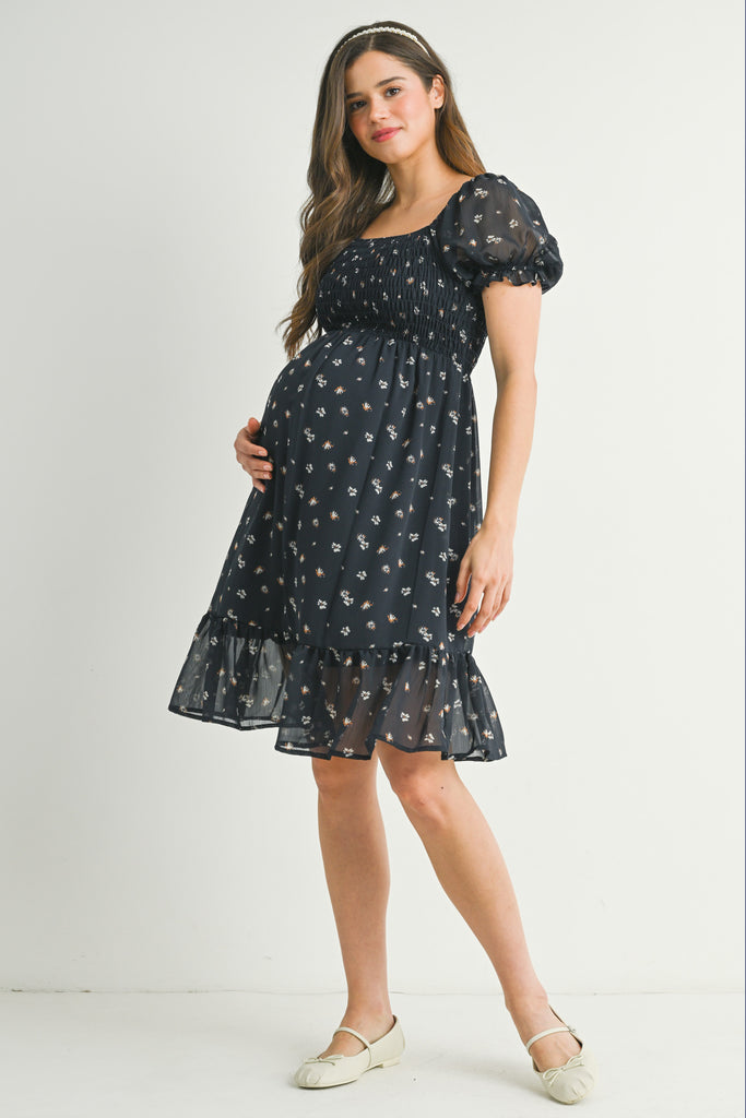 Dark Navy Ruffle Floral Smocked Puff Sleeve Maternity Dress Full Body