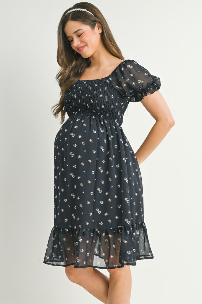 Dark Navy Ruffle Floral Smocked Puff Sleeve Maternity Dress Side View