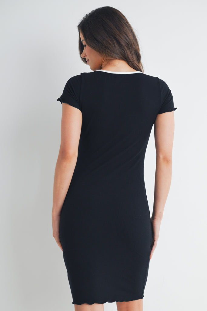 Black Ribbed Scoop Neck Short Sleeve Fitted Maternity Dress Back View