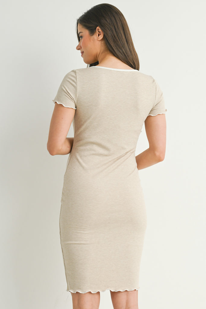 Oatmeal Ribbed Scoop Neck Short Sleeve Fitted Maternity Dress Back View