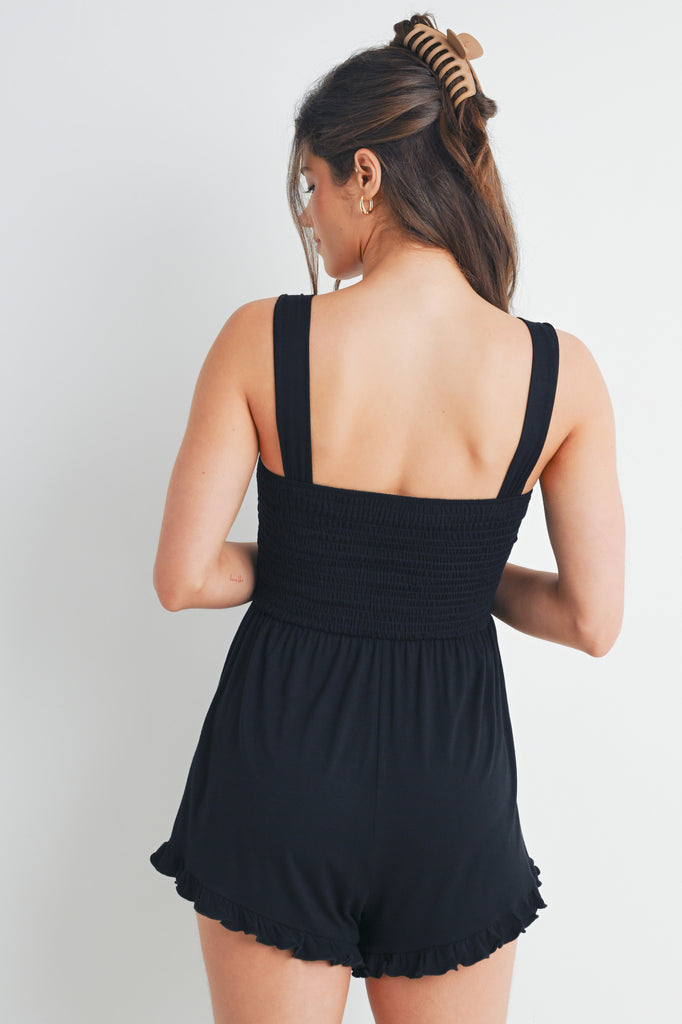 Black Sleeveless Smocked Neck Maternity Romper Back View