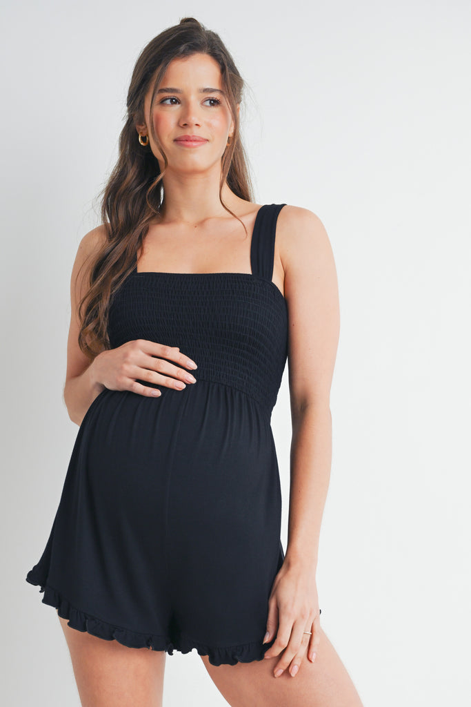 Black Sleeveless Smocked Neck Maternity Romper Front View