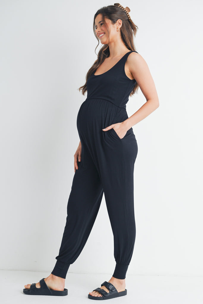 Black Sleeveless Scoop Neck Maternity Jumpsuit Jogger with Pockets Side Side View