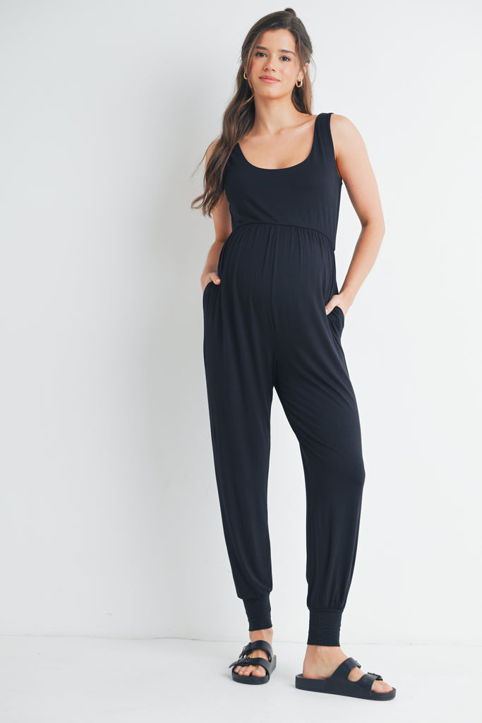 Black Sleeveless Scoop Neck Maternity Jumpsuit Jogger with Pockets Front View