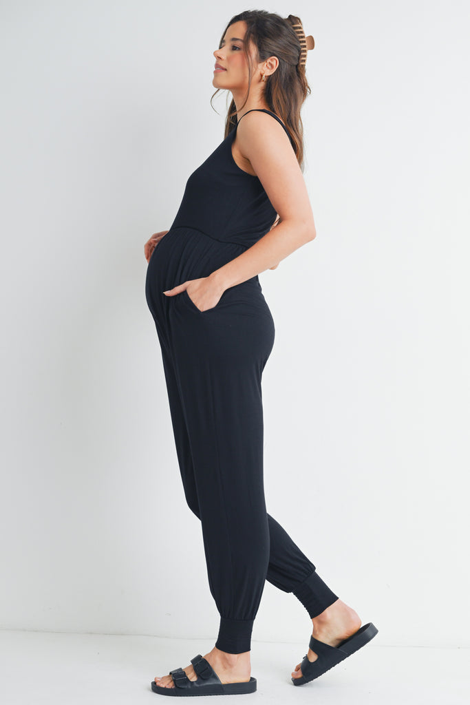 Black Sleeveless Scoop Neck Maternity Jumpsuit Jogger with Pockets Side View