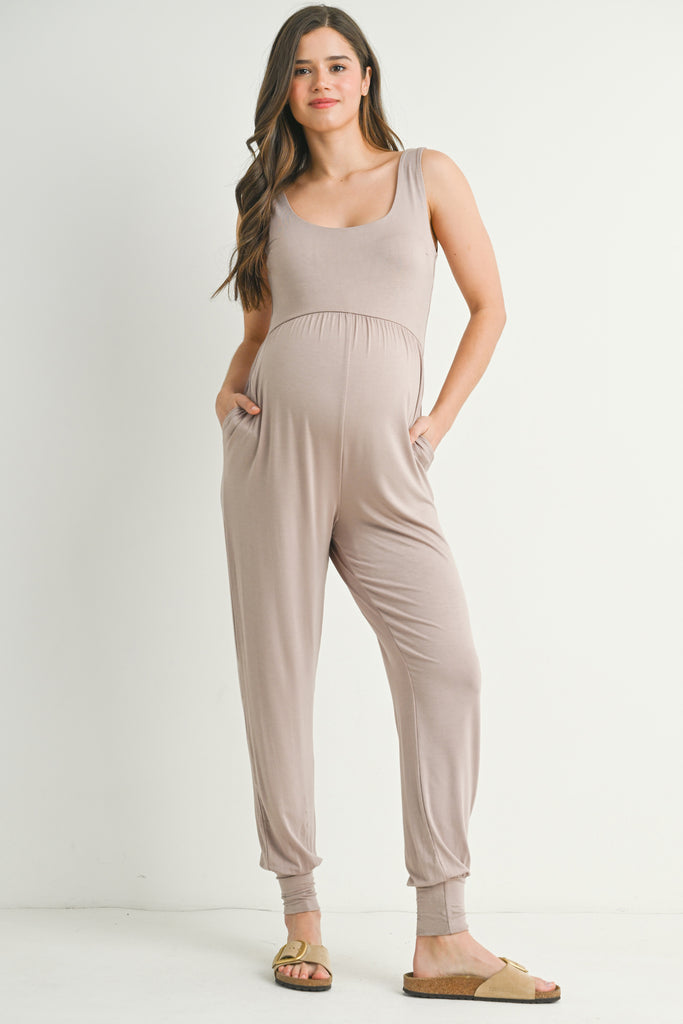 Mocha Sleeveless Scoop Neck Maternity Jumpsuit Jogger with Pockets Front View